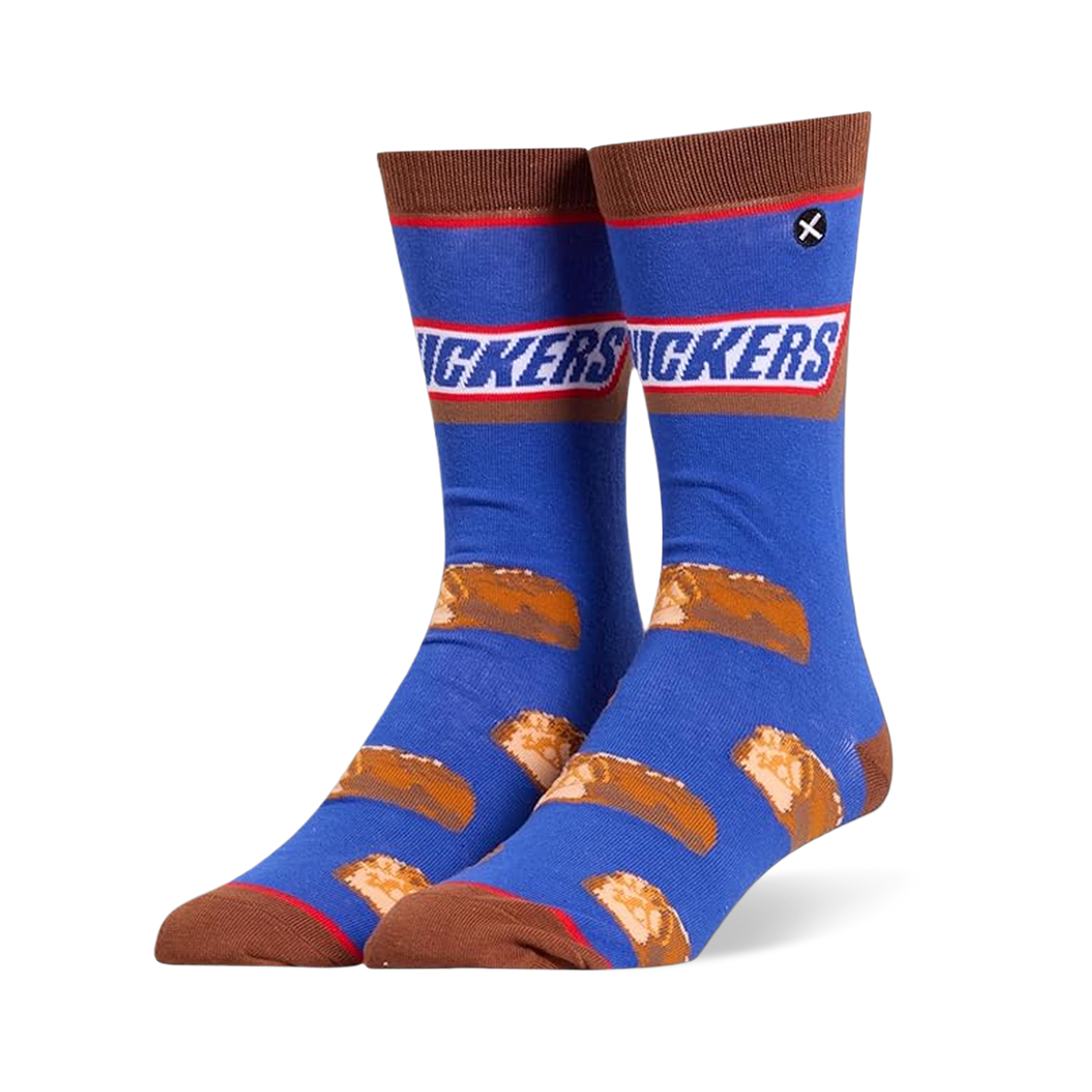 Blue crew socks featuring the Snickers logo at the calf, brown accents, and a pattern of sliced mini chocolate candy bars.
