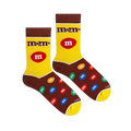 Flat lay of yellow and brown M&M's socks showing the classic logo, a large red candy on the leg, and a colorful candy foot.
