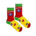 Flat lay of two Skittles socks with a red top showing a purple candy, green heels, and a yellow foot with a candy pattern.