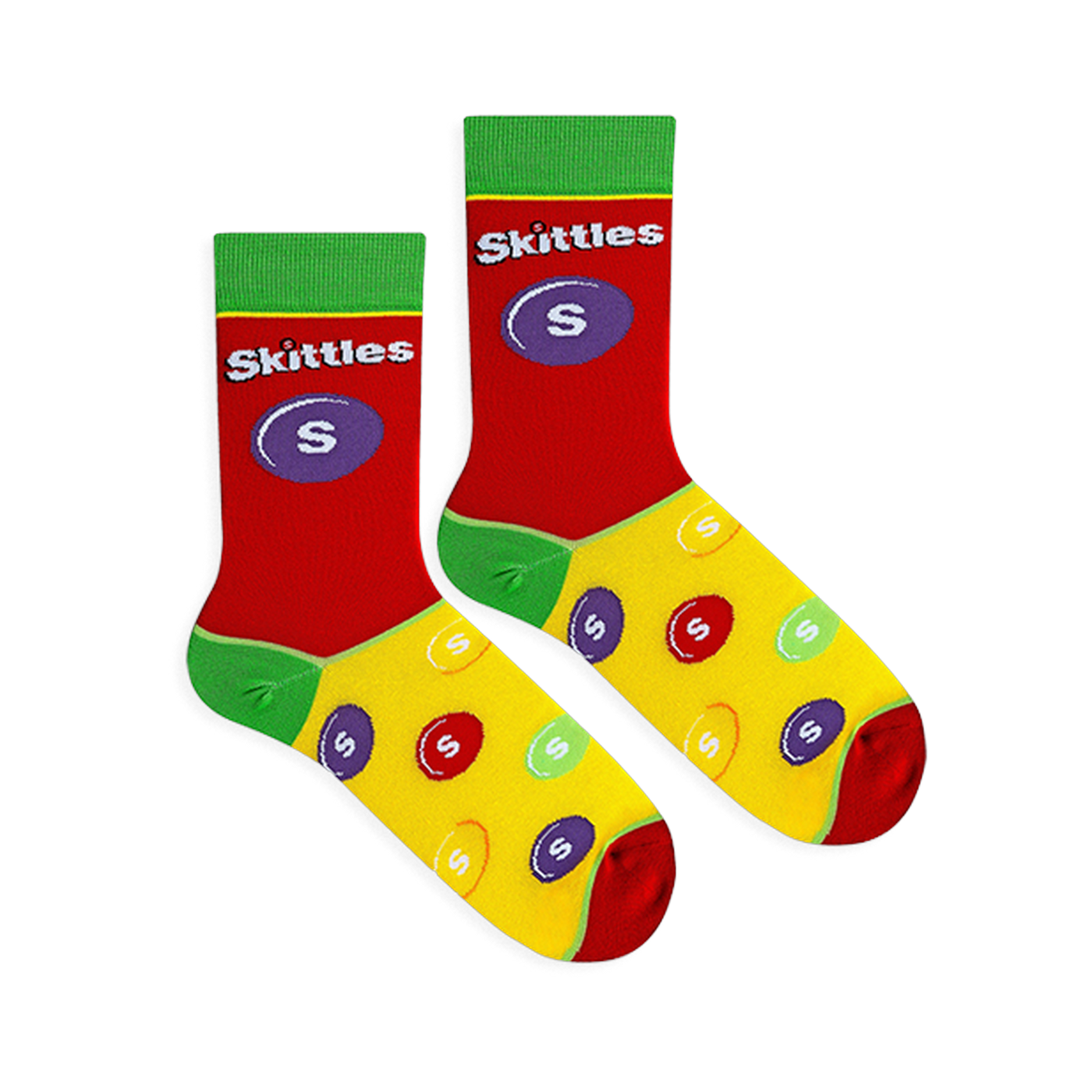 Flat lay of two Skittles socks with a red top showing a purple candy, green heels, and a yellow foot with a candy pattern.