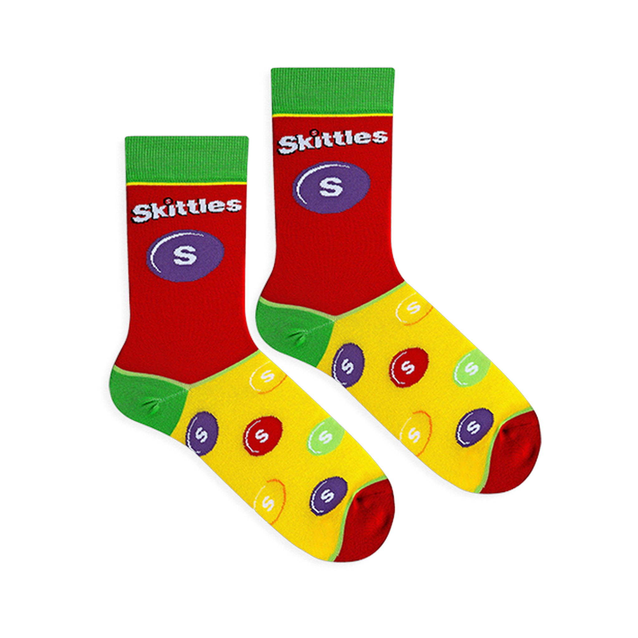 Flat lay of two Skittles socks with a red top showing a purple candy, green heels, and a yellow foot with a candy pattern.