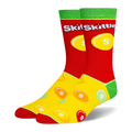 Novelty socks with a red top, green cuff, and yellow foot. Features the Skittles logo and a scattered colorful candy pattern.