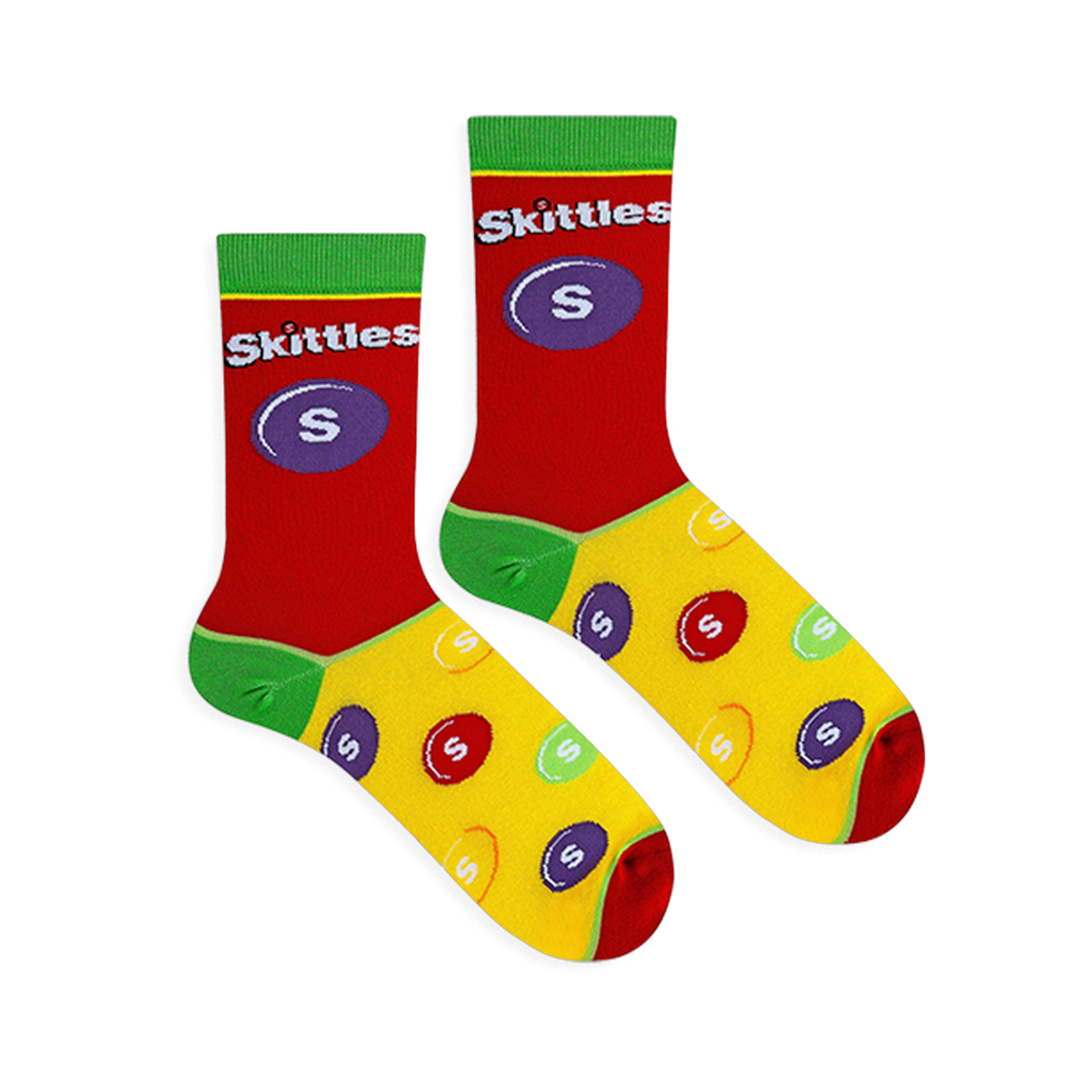 Flat lay of Skittles socks showing a red upper with a large purple candy, green cuffs, and a yellow foot with colorful drops.