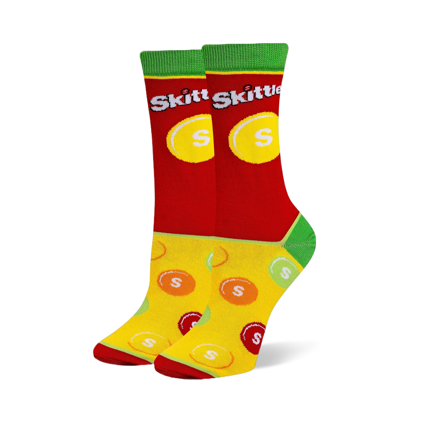 Crew socks with a red upper featuring the Skittles logo, green cuffs and heels, and a yellow foot with scattered candy pieces.
