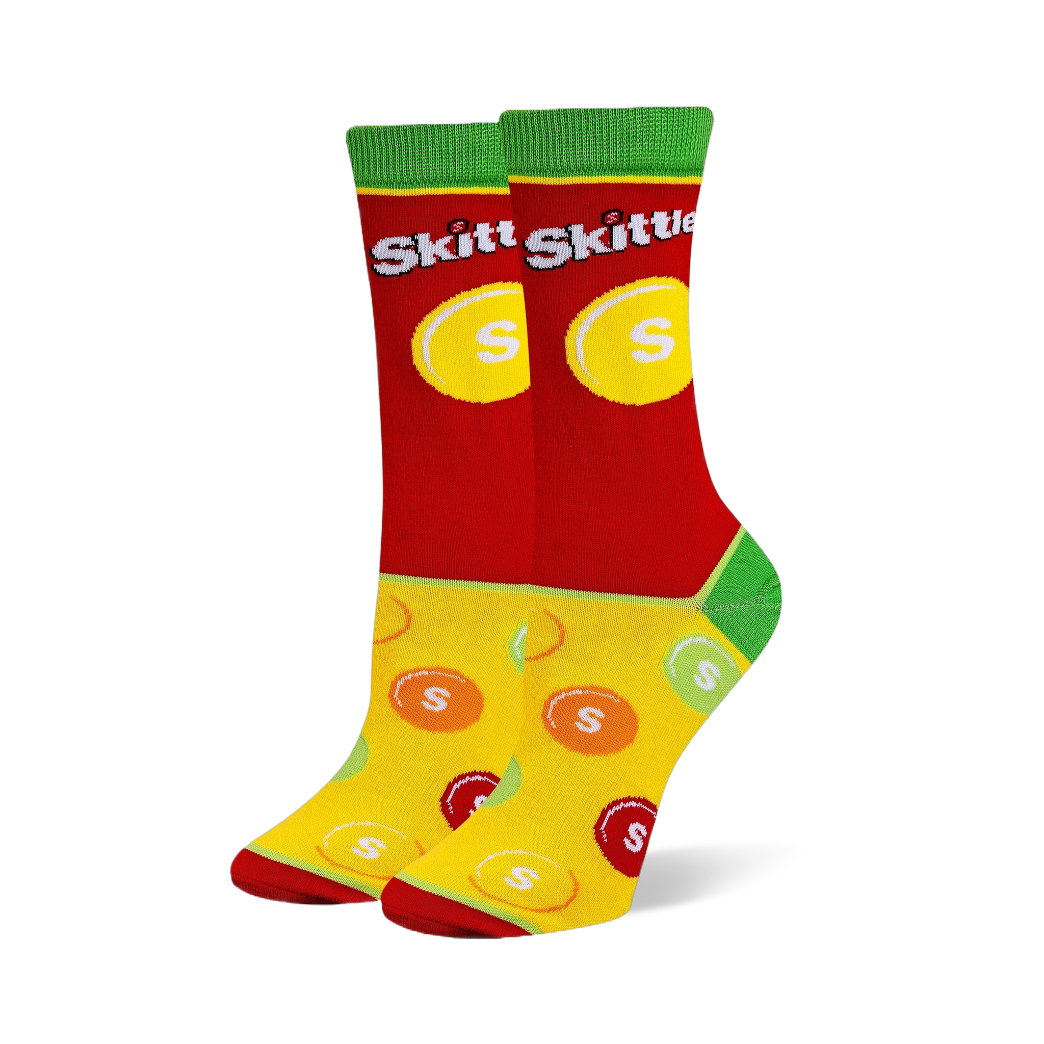 Crew socks with a red upper featuring the Skittles logo, green cuffs and heels, and a yellow foot with scattered candy pieces.