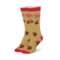 Gold crew socks with a red top, toe, and heel, featuring the Twix logo and a pattern of broken chocolate caramel bars.