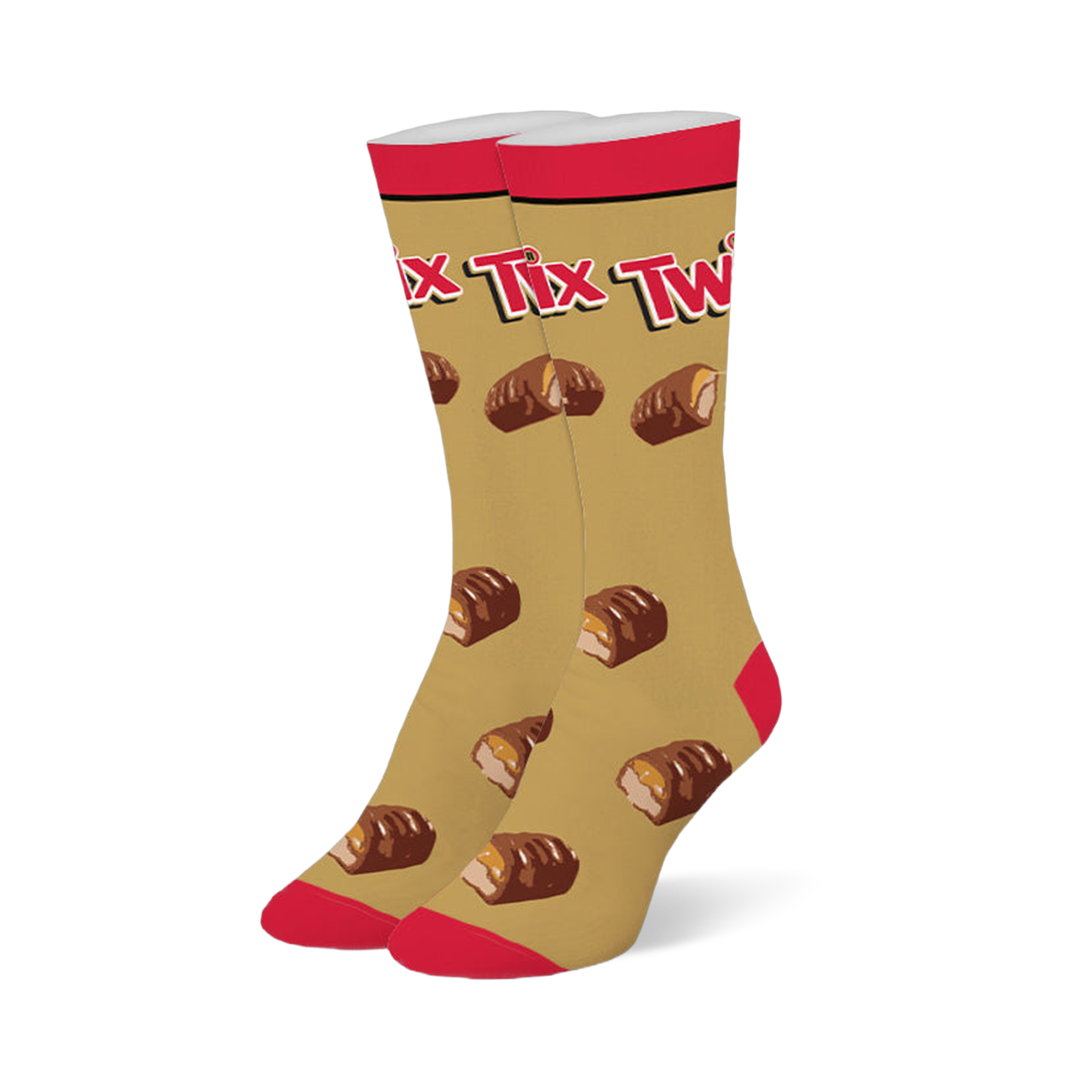 Gold crew socks with a red top, toe, and heel, featuring the Twix logo and a pattern of broken chocolate caramel bars.