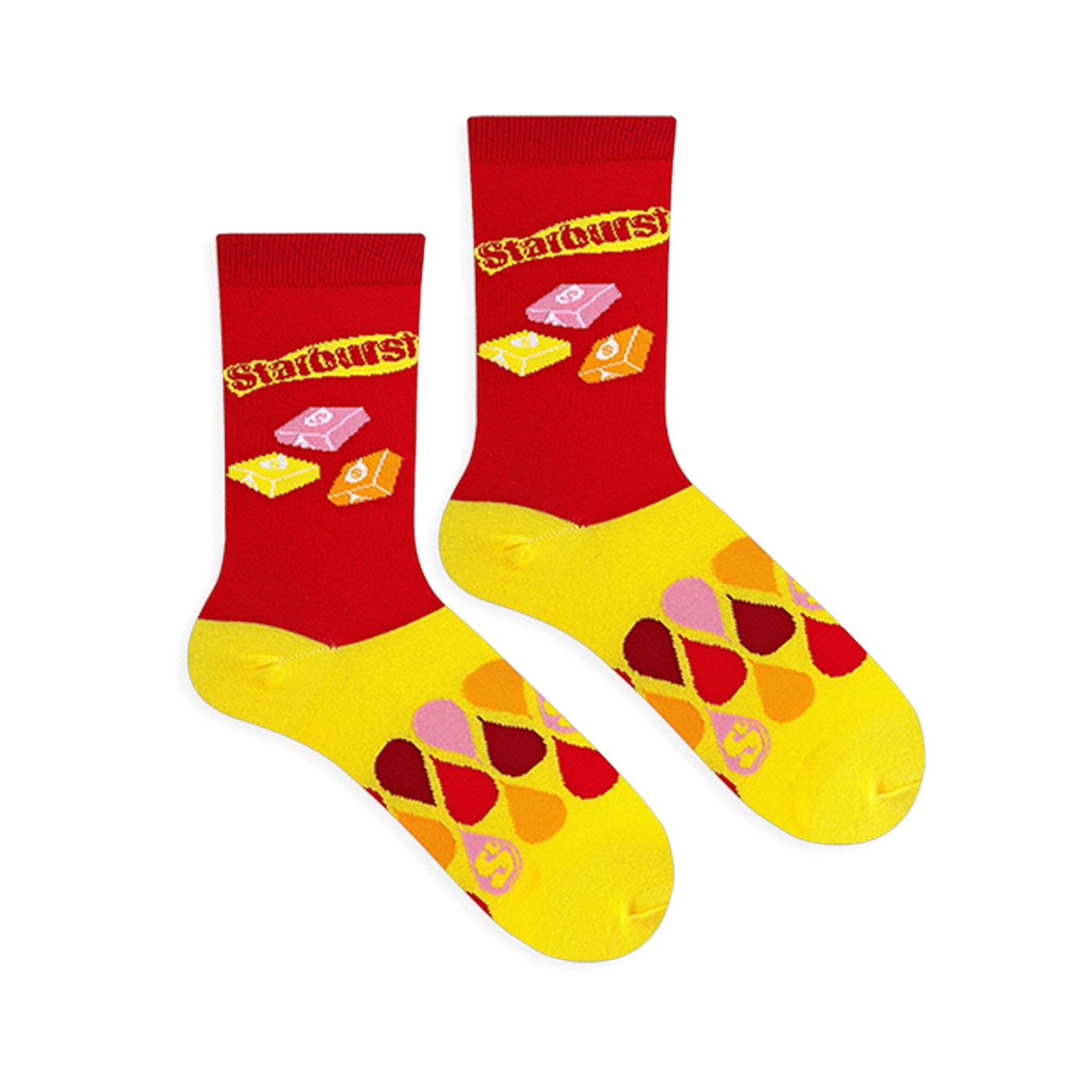 Flat lay of two Starburst socks showing the red upper with retro logo and candies, and a yellow foot with colorful drops.