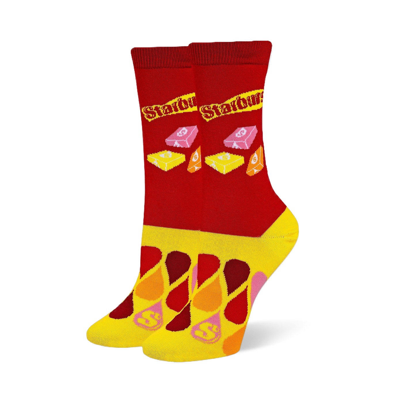 Red crew socks with the Starburst logo and wrapped candies, featuring a yellow foot covered in colorful droplet shapes.