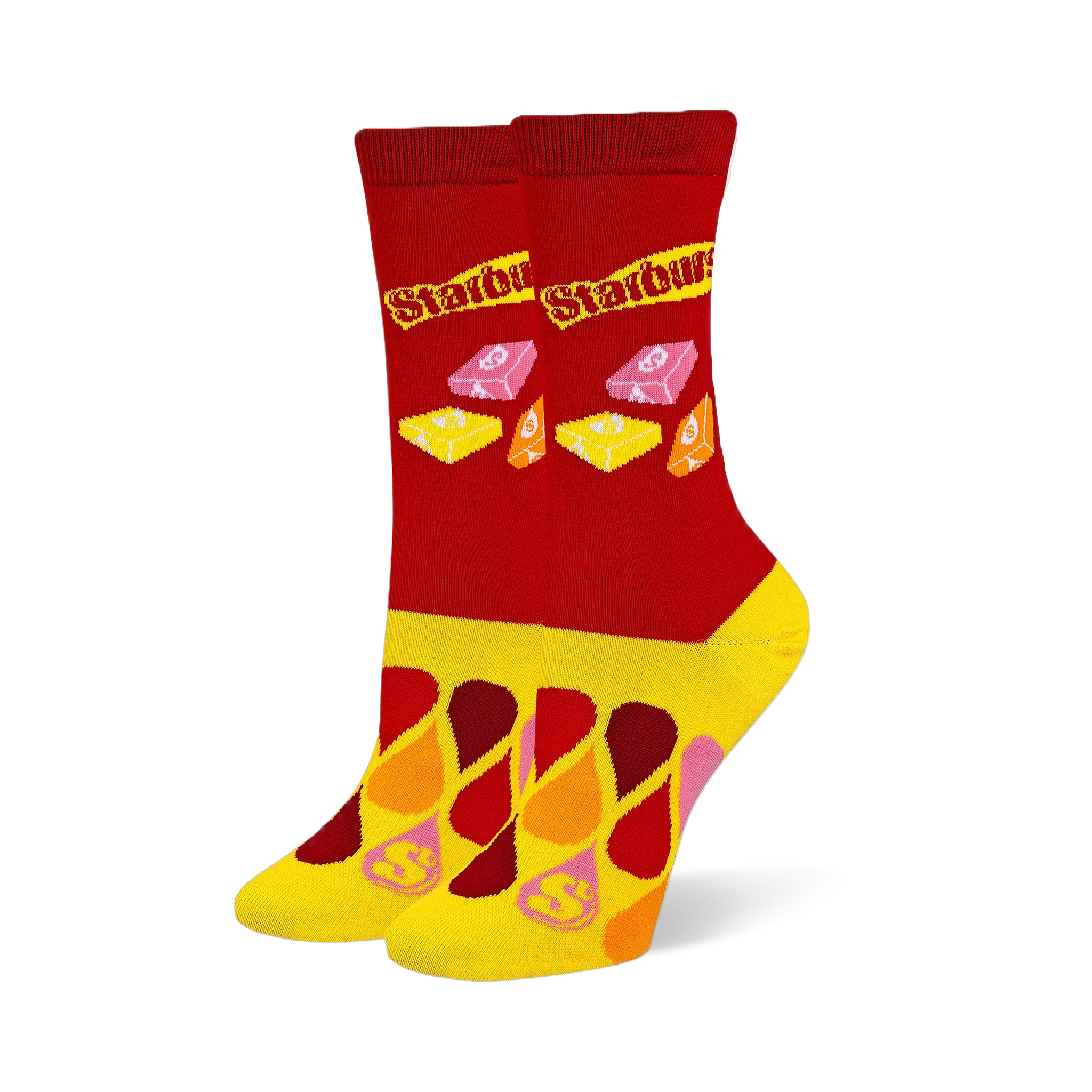 Red crew socks with the Starburst logo and wrapped candies, featuring a yellow foot covered in colorful droplet shapes.