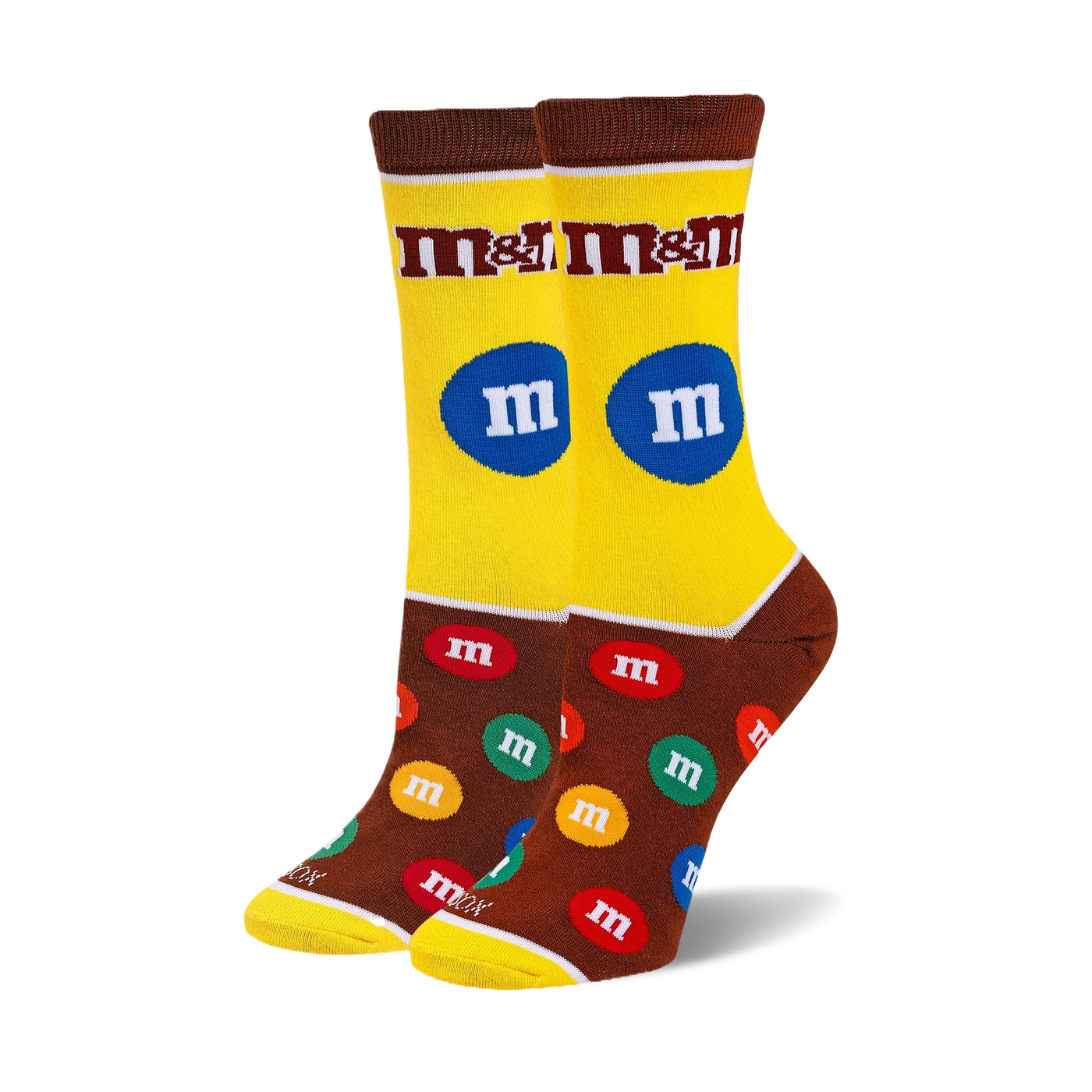 Pair of crew socks with an M&M's design.  Yellow and brown background with colorful M&M candies and the M&M's logo.