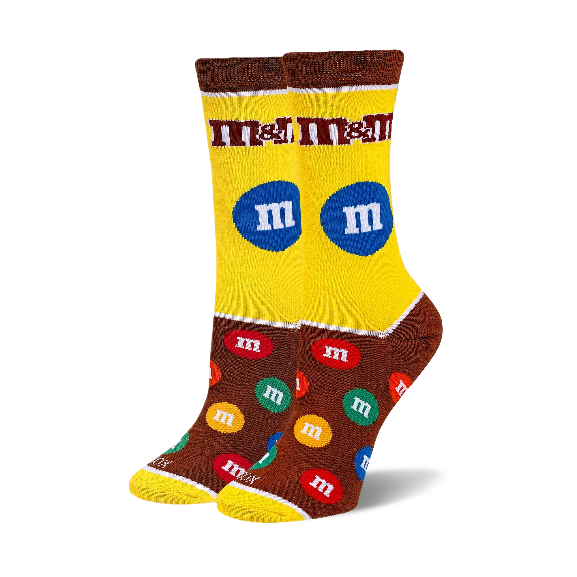 Pair of crew socks with an M&M's design.  Yellow and brown background with colorful M&M candies and the M&M's logo.
