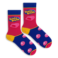 Flat lay of two Hubba Bubba socks showing the pink leg with logo, yellow heel, and blue foot covered in pink bubbles.