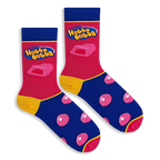 Flat lay of two Hubba Bubba socks showing the pink leg with logo, yellow heel, and blue foot covered in pink bubbles.