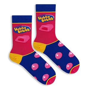 Flat lay of two Hubba Bubba socks showing the pink leg with logo, yellow heel, and blue foot covered in pink bubbles.