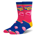 Crew socks featuring the Hubba Bubba logo and pink gum blocks on a pink leg, with pink bubbles on a royal blue foot.