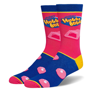 Crew socks featuring the Hubba Bubba logo and pink gum blocks on a pink leg, with pink bubbles on a royal blue foot.