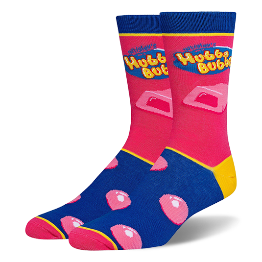 Crew socks featuring the Hubba Bubba logo and pink gum blocks on a pink leg, with pink bubbles on a royal blue foot.