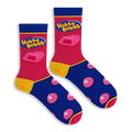 Flat lay of two pink and blue Hubba Bubba socks showing the yellow logo, a chunk of pink gum, and round pink bubbles.