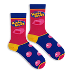 Flat lay of two pink and blue Hubba Bubba socks showing the yellow logo, a chunk of pink gum, and round pink bubbles.