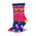 Bright pink and blue socks featuring the yellow Hubba Bubba logo, a chunky piece of gum, and pink bubbles on the foot.