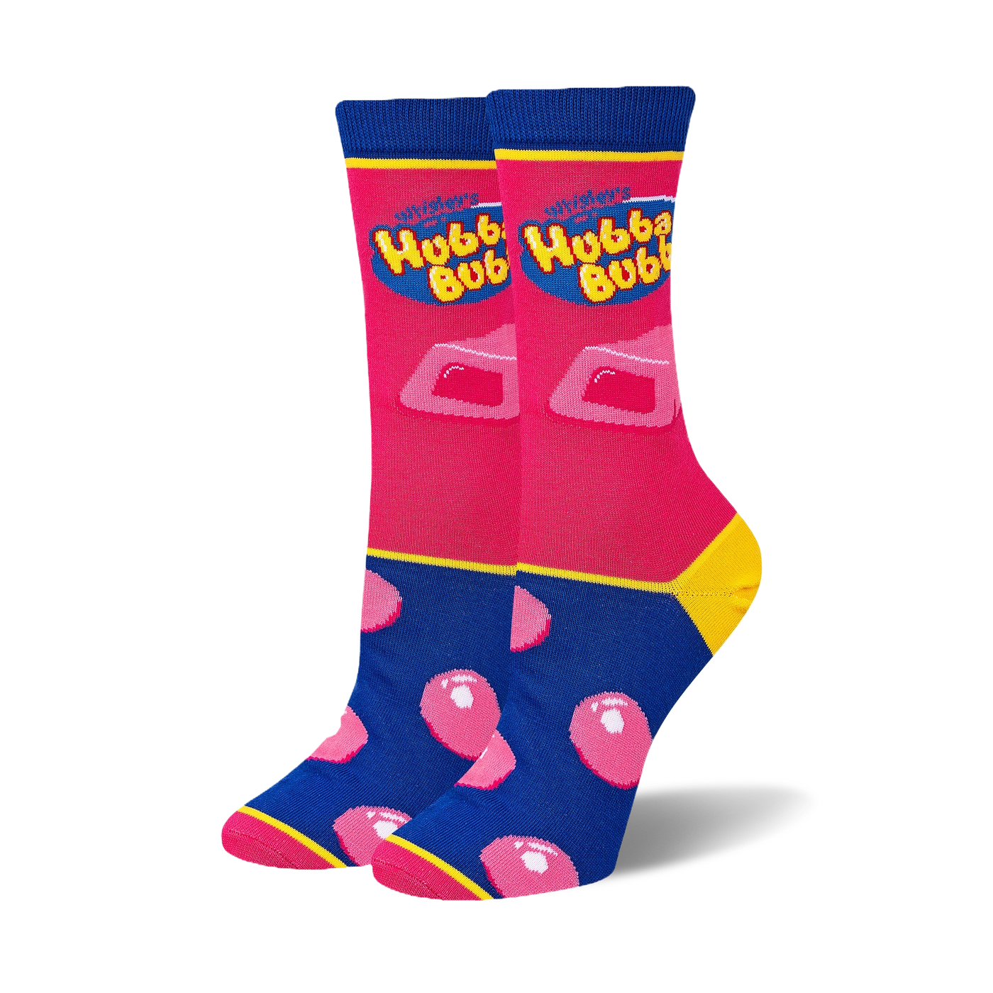 Bright pink and blue socks featuring the yellow Hubba Bubba logo, a chunky piece of gum, and pink bubbles on the foot.
