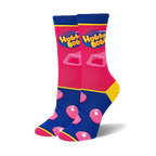 Bright pink and blue socks featuring the yellow Hubba Bubba logo, a chunky piece of gum, and pink bubbles on the foot.