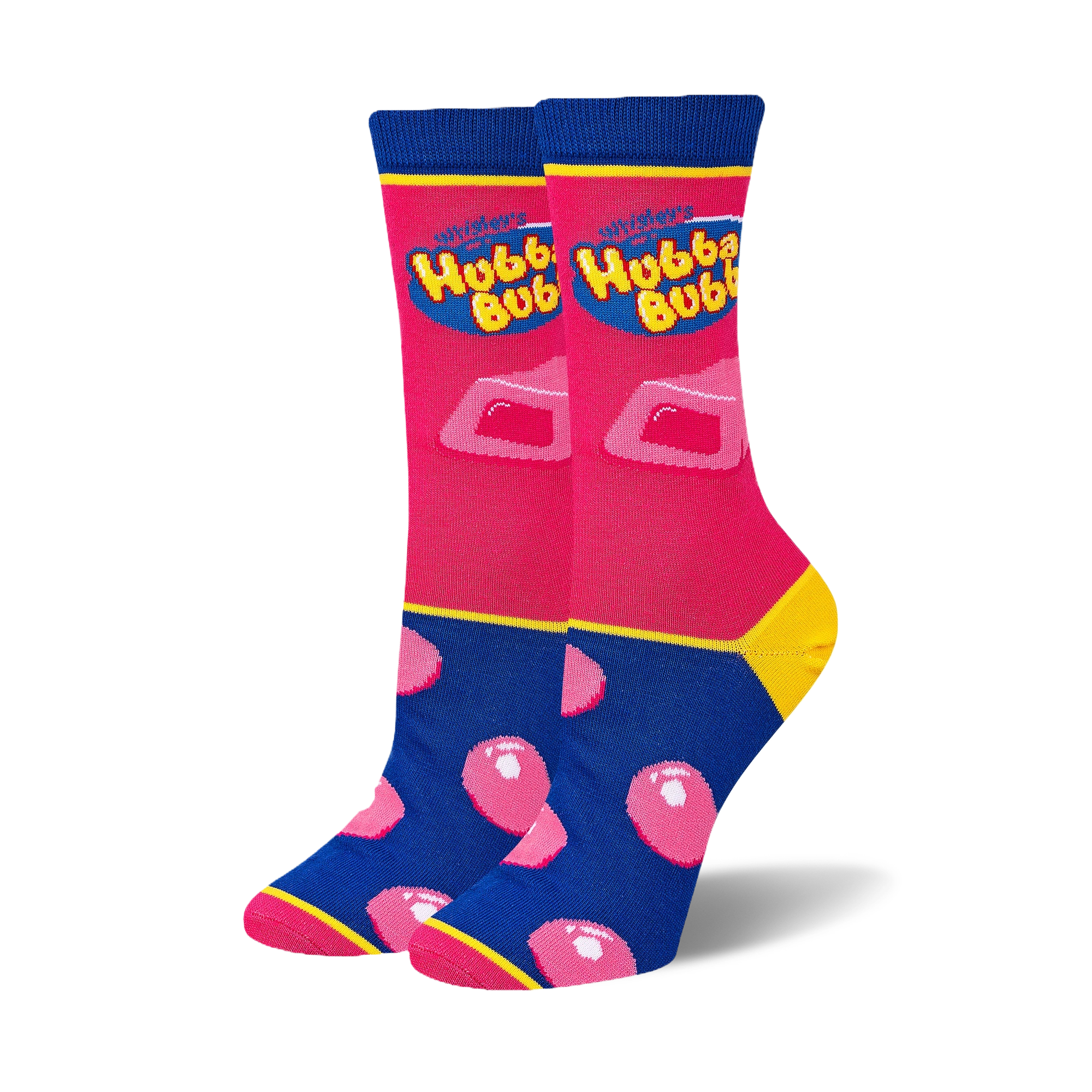 Bright pink and blue socks featuring the yellow Hubba Bubba logo, a chunky piece of gum, and pink bubbles on the foot.