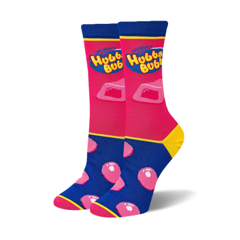 Bright pink and blue socks featuring the yellow Hubba Bubba logo, a chunky piece of gum, and pink bubbles on the foot.