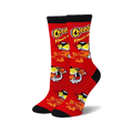 Pair of red crew socks with a Cheetos Flamin' Hot design. The socks feature the cheetah character and flames against a red background.