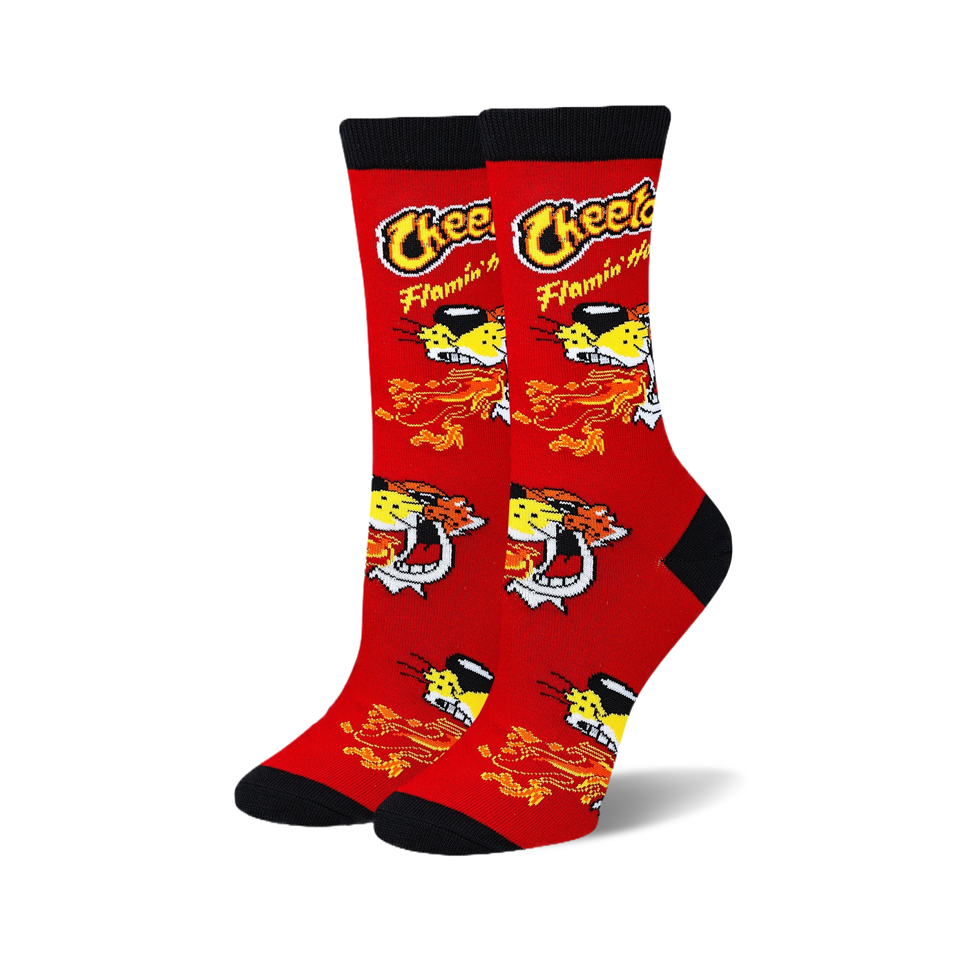 Pair of red crew socks with a Cheetos Flamin' Hot design. The socks feature the cheetah character and flames against a red background.
