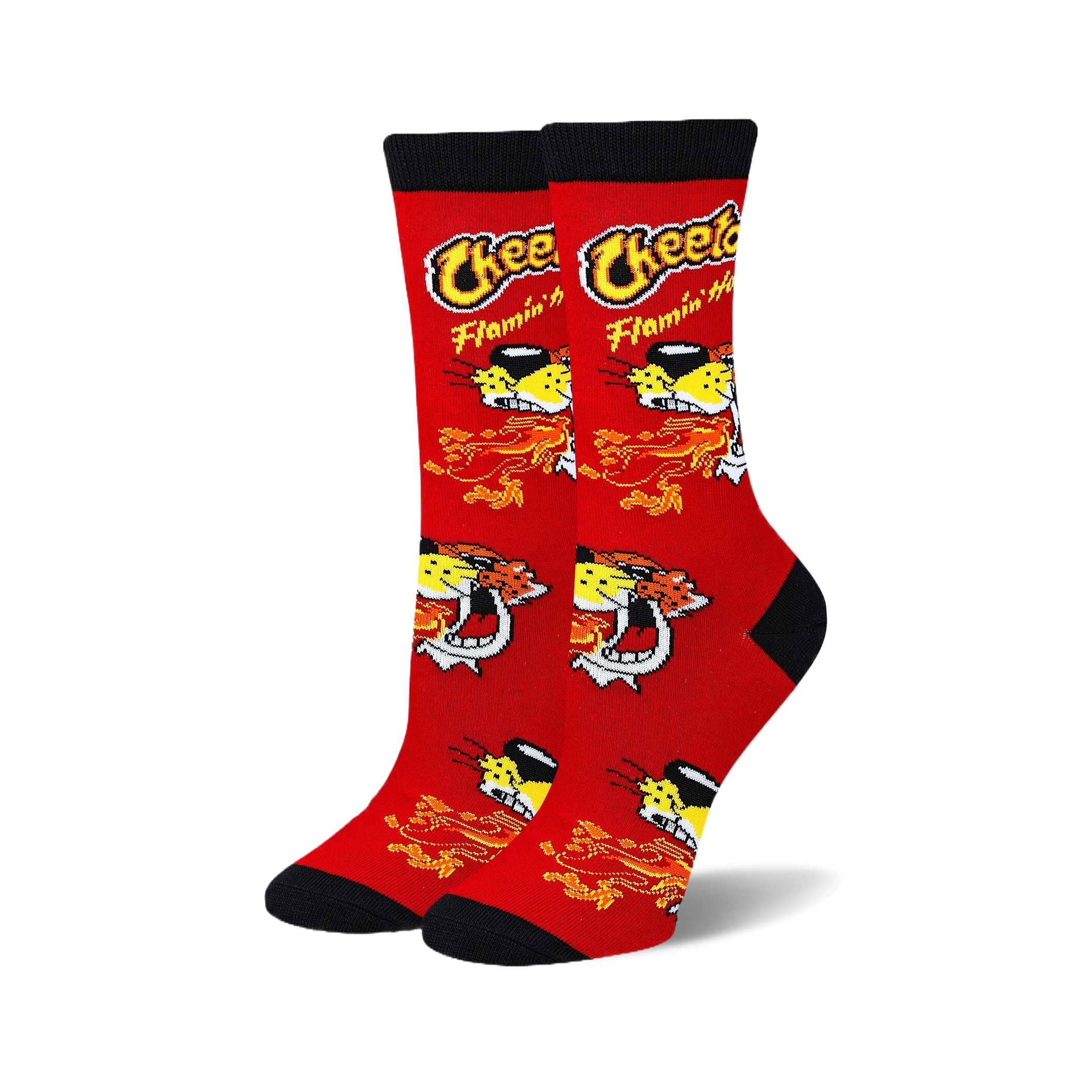 Pair of red crew socks with a Cheetos Flamin' Hot design. The socks feature the cheetah character and flames against a red background.