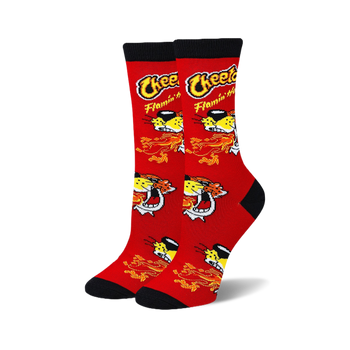 Pair of red crew socks with a Cheetos Flamin' Hot design. The socks feature the cheetah character and flames against a red background.