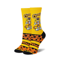 Pair of crew socks; yellow base with orange and black cheetah spots.  Chester Cheetah cartoon character is prominently featured.