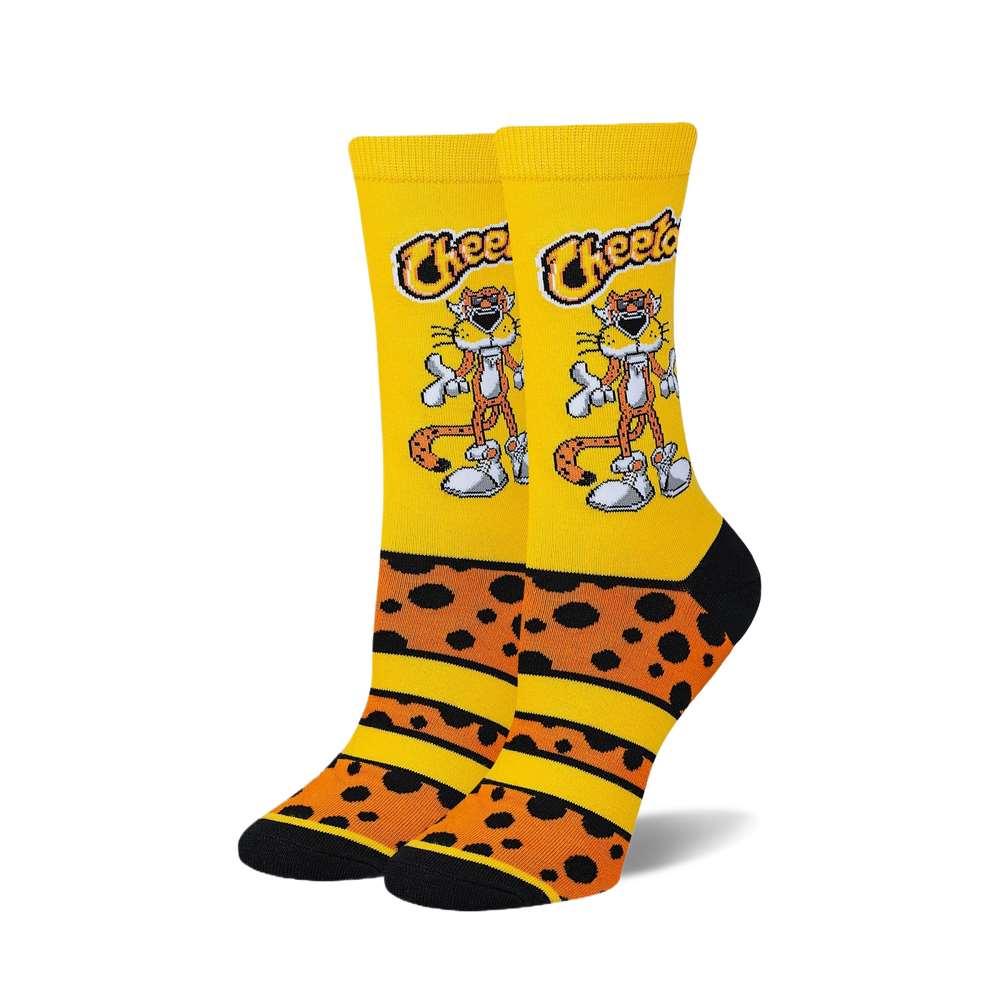 Pair of crew socks; yellow base with orange and black cheetah spots.  Chester Cheetah cartoon character is prominently featured.