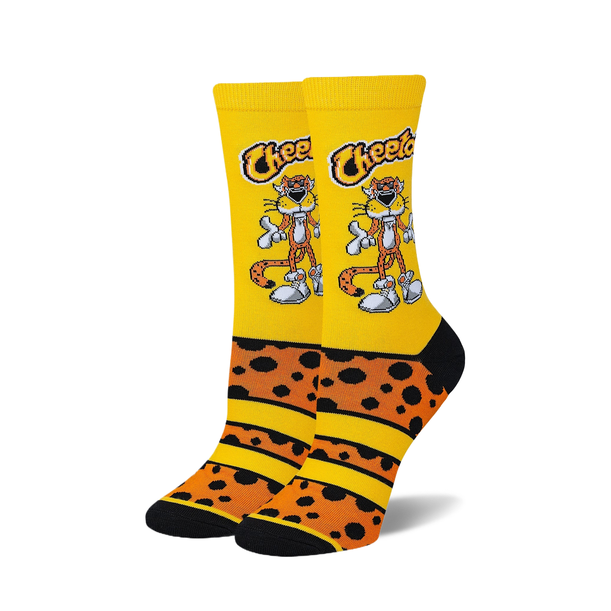 Pair of crew socks; yellow base with orange and black cheetah spots.  Chester Cheetah cartoon character is prominently featured.