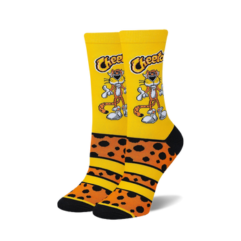 Pair of crew socks; yellow base with orange and black cheetah spots.  Chester Cheetah cartoon character is prominently featured.