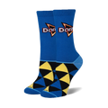 Pair of crew socks in blue, yellow, and black. Features a geometric pattern and the Doritos Cool Ranch logo.