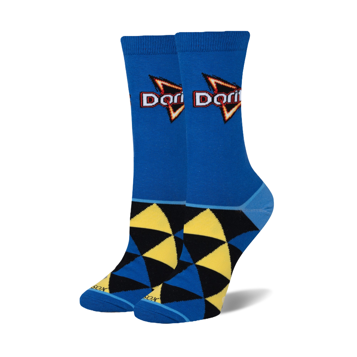 Pair of crew socks in blue, yellow, and black. Features a geometric pattern and the Doritos Cool Ranch logo.