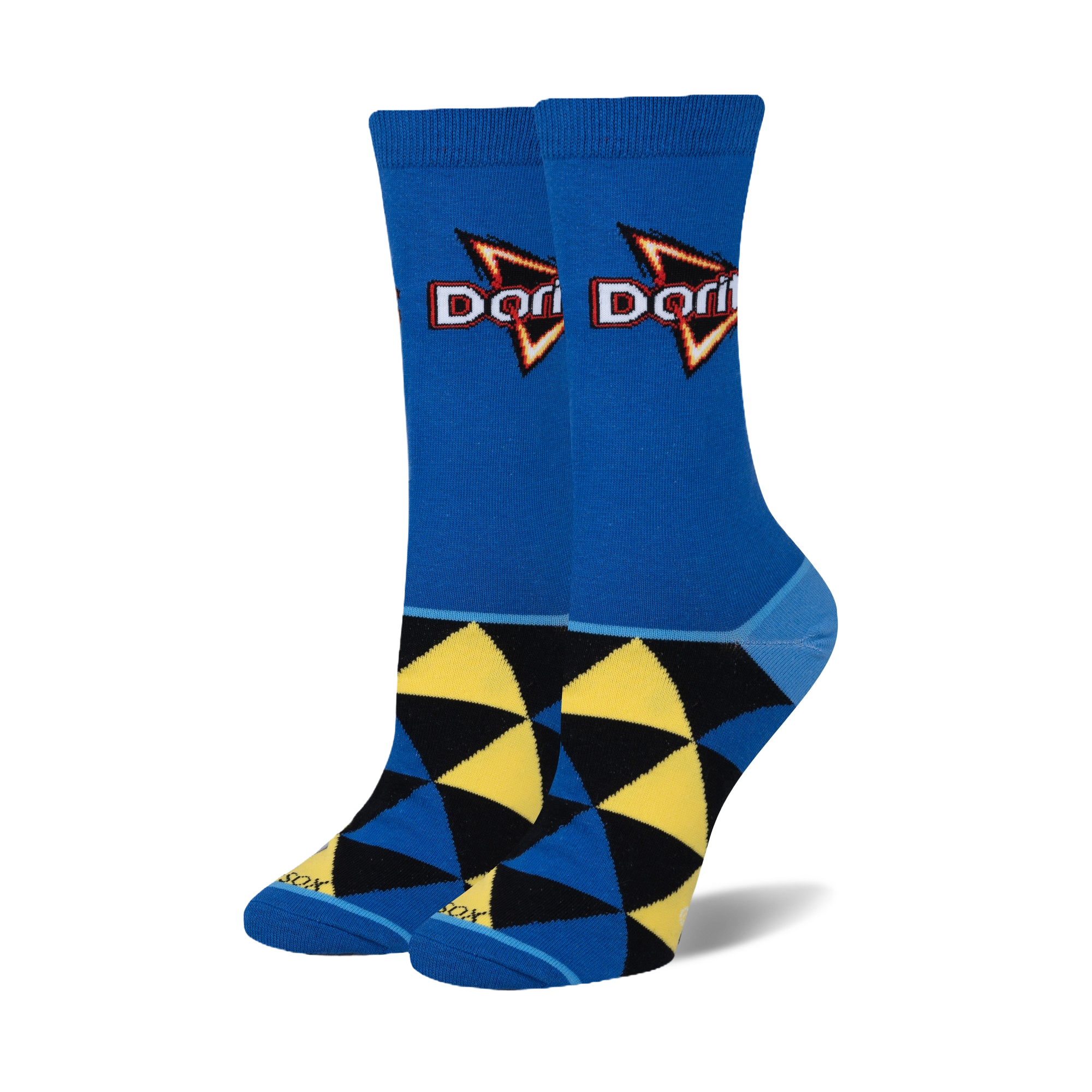 Pair of crew socks in blue, yellow, and black. Features a geometric pattern and the Doritos Cool Ranch logo.