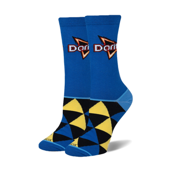 Pair of crew socks in blue, yellow, and black. Features a geometric pattern and the Doritos Cool Ranch logo.
