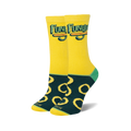 Pair of crew socks; yellow top with Funyuns logo, dark teal bottom with yellow onion ring pattern.