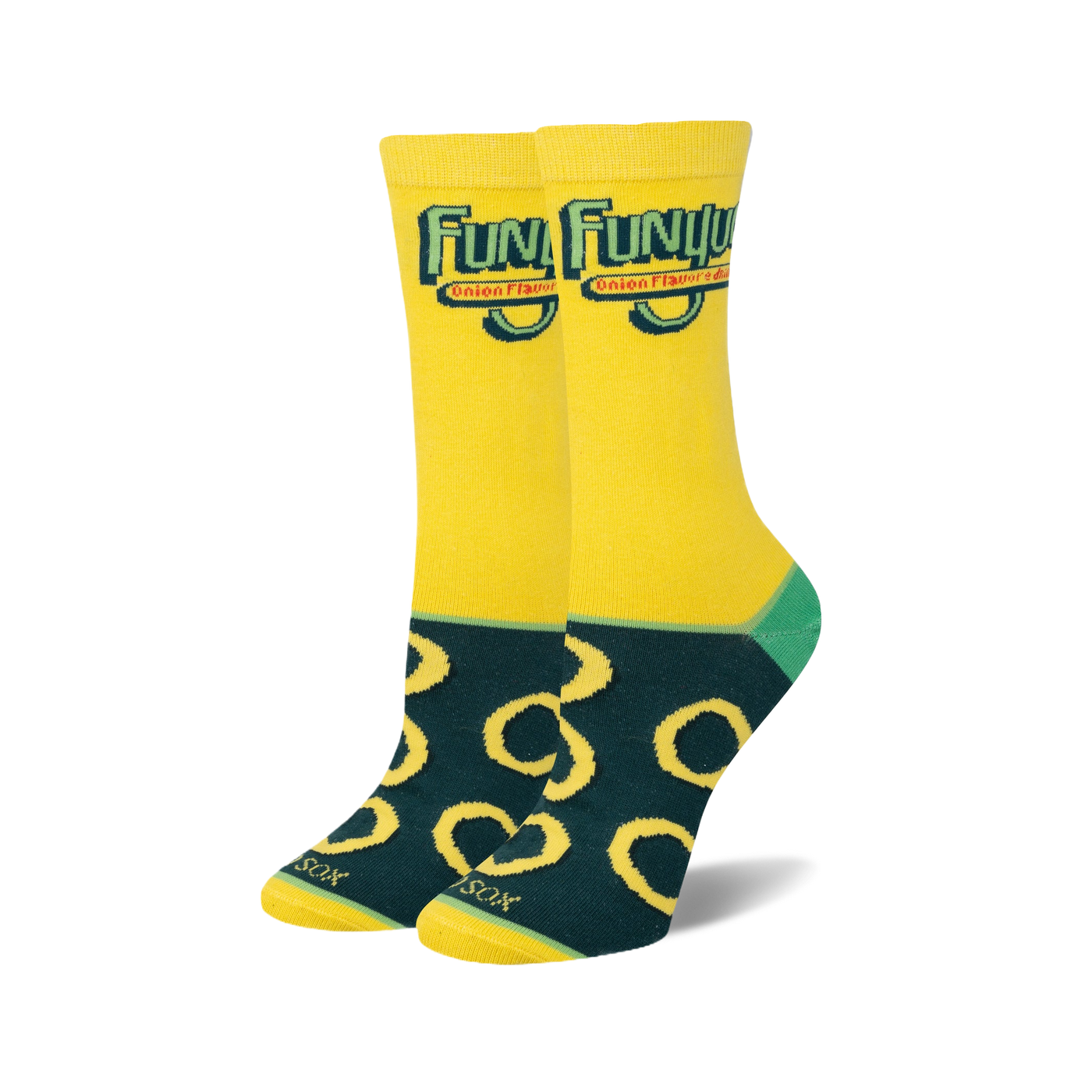 Pair of crew socks; yellow top with Funyuns logo, dark teal bottom with yellow onion ring pattern.