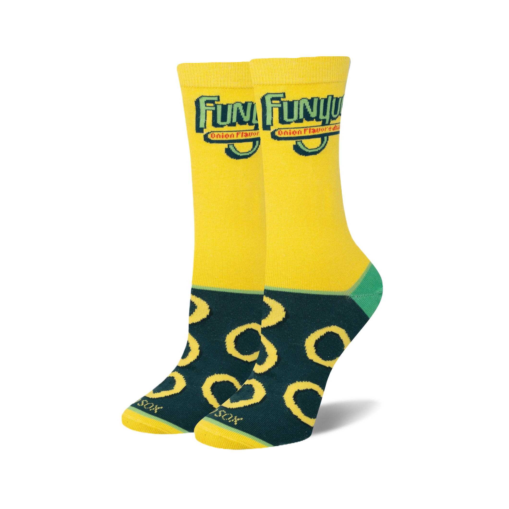 Pair of crew socks; yellow top with Funyuns logo, dark teal bottom with yellow onion ring pattern.