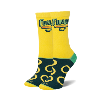 Pair of bright yellow and dark teal crew socks featuring Funyuns snack branding and onion ring patterns.