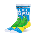 Blue crew socks with white Holten's Dill Pickle text, a large green cartoon pickle graphic, and yellow bottom accents.
