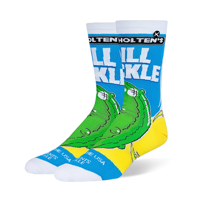 Blue crew socks with white Holten's Dill Pickle text, a large green cartoon pickle graphic, and yellow bottom accents.