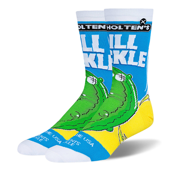 Blue crew socks with white Holten's Dill Pickle text, a large green cartoon pickle graphic, and yellow bottom accents.