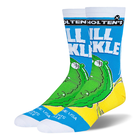 Blue crew socks with white Holten's Dill Pickle text, a large green cartoon pickle graphic, and yellow bottom accents. }}