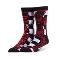 Black split design crew socks showing red distressed Death Note text, a Ryuk illustration, and black and white checkers.